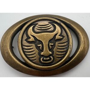 Western Bull Head Belt Buckle Brass Tone Oval Vintage 1970s